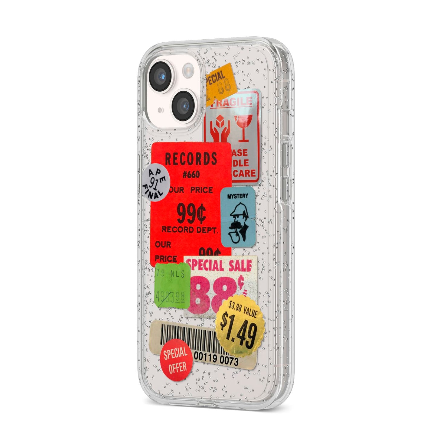 Vintage Stickers iPhone 14 Glitter Tough Case Starlight Angled Image
