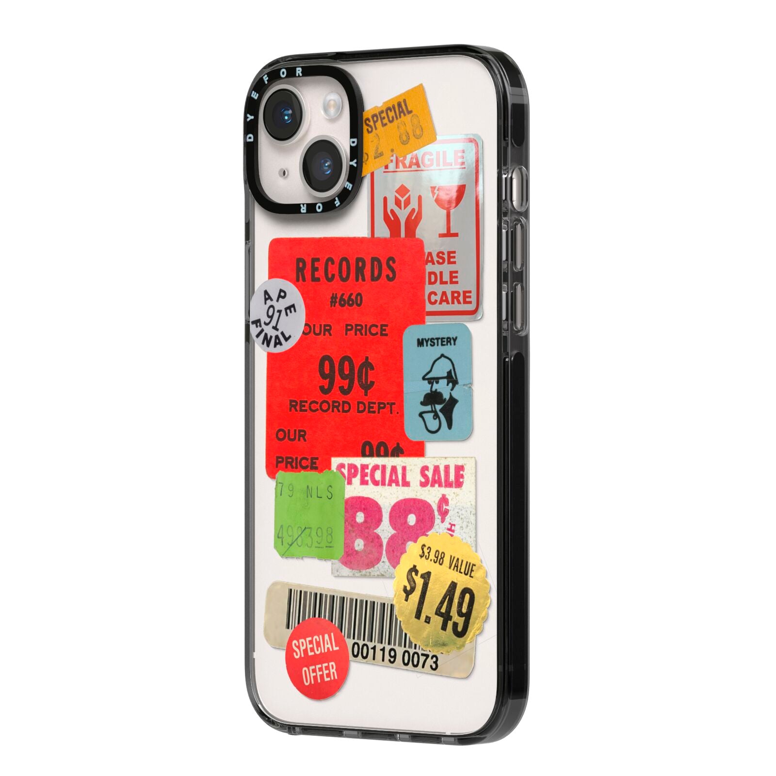 Vintage Stickers iPhone 14 Plus Black Impact Case Side Angle on Silver phone