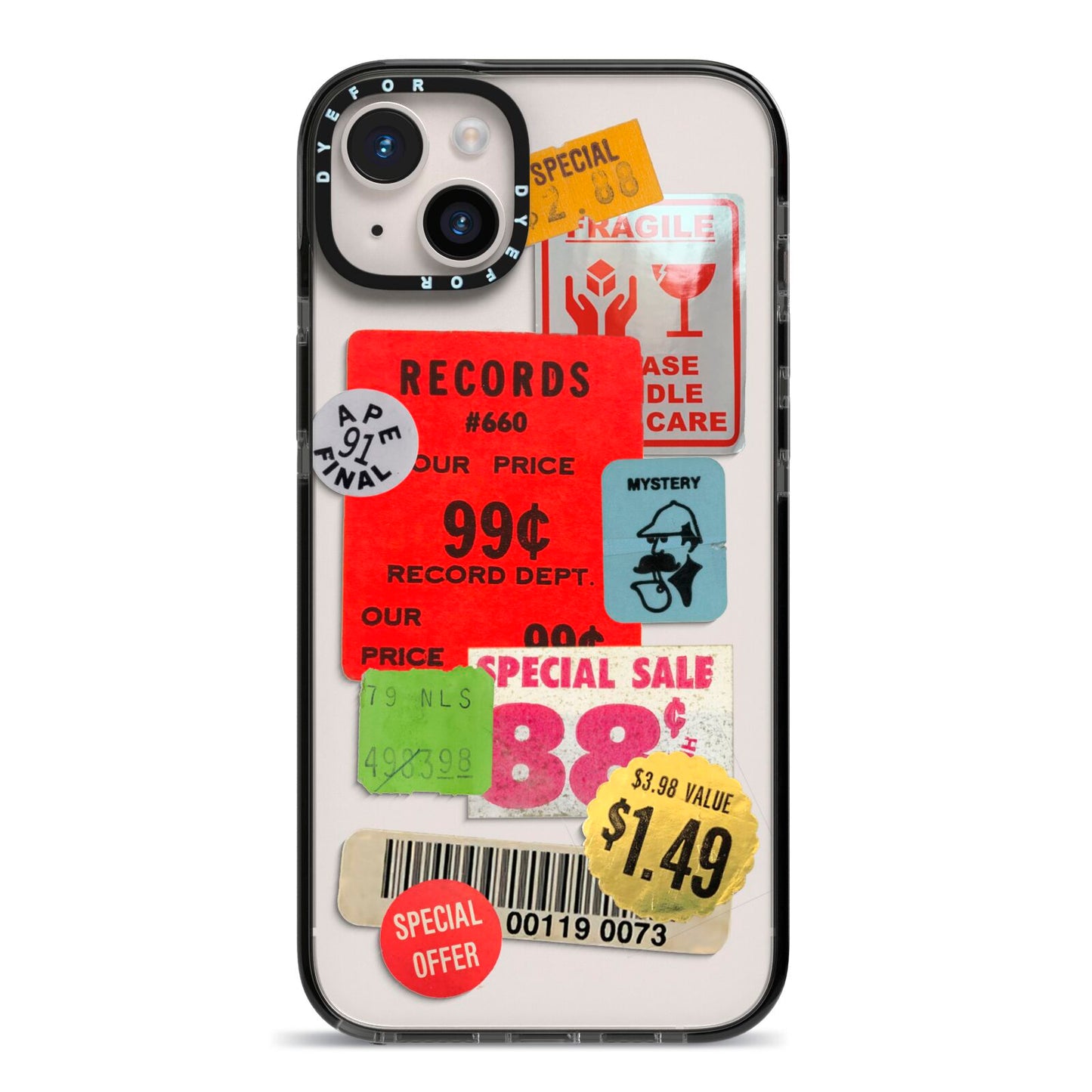 Vintage Stickers iPhone 14 Plus Black Impact Case on Silver phone