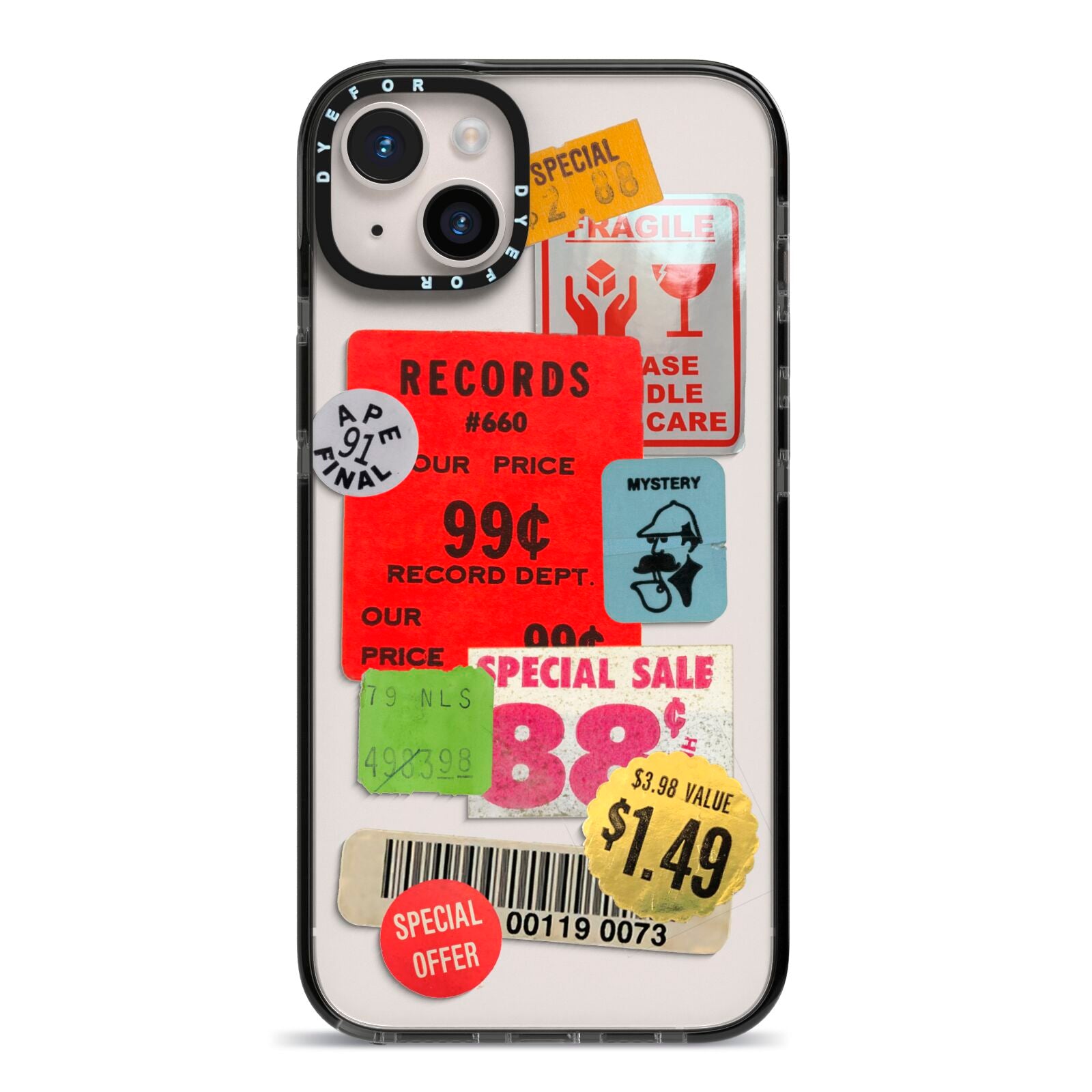 Vintage Stickers iPhone 14 Plus Black Impact Case on Silver phone