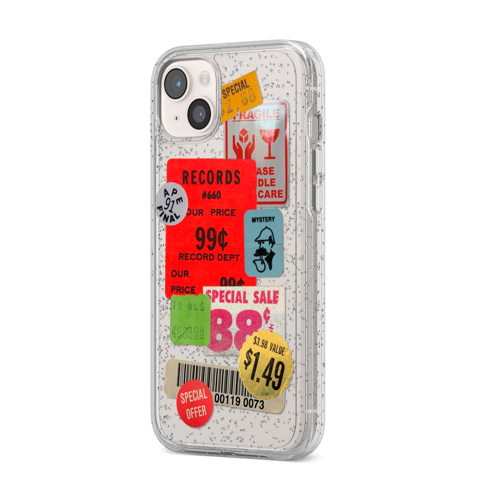 Vintage Stickers iPhone 14 Plus Glitter Tough Case Starlight Angled Image