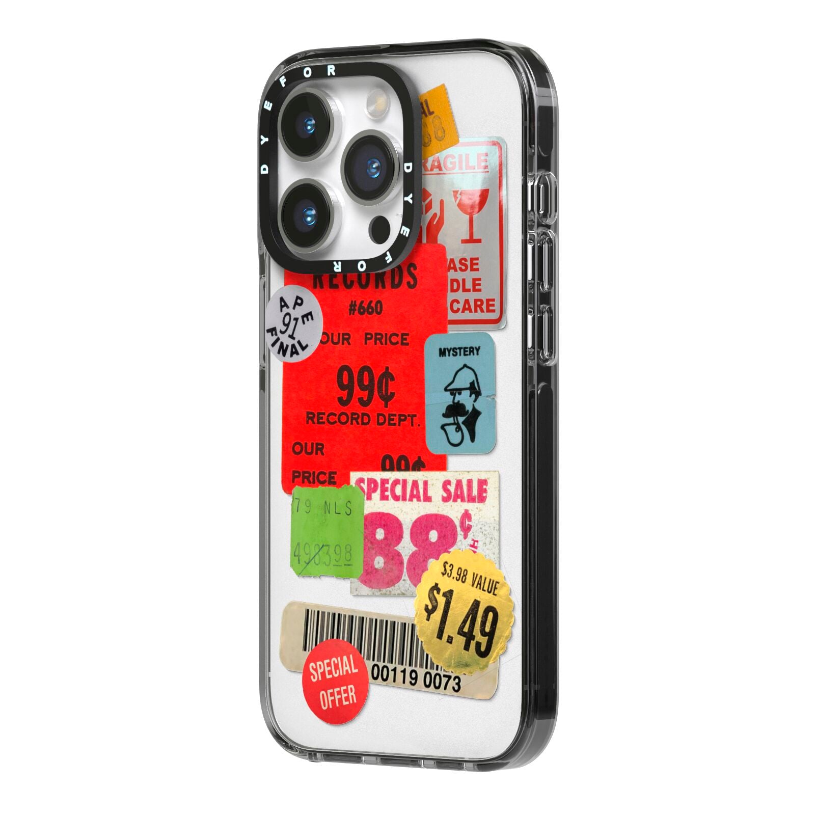 Vintage Stickers iPhone 14 Pro Black Impact Case Side Angle on Silver phone