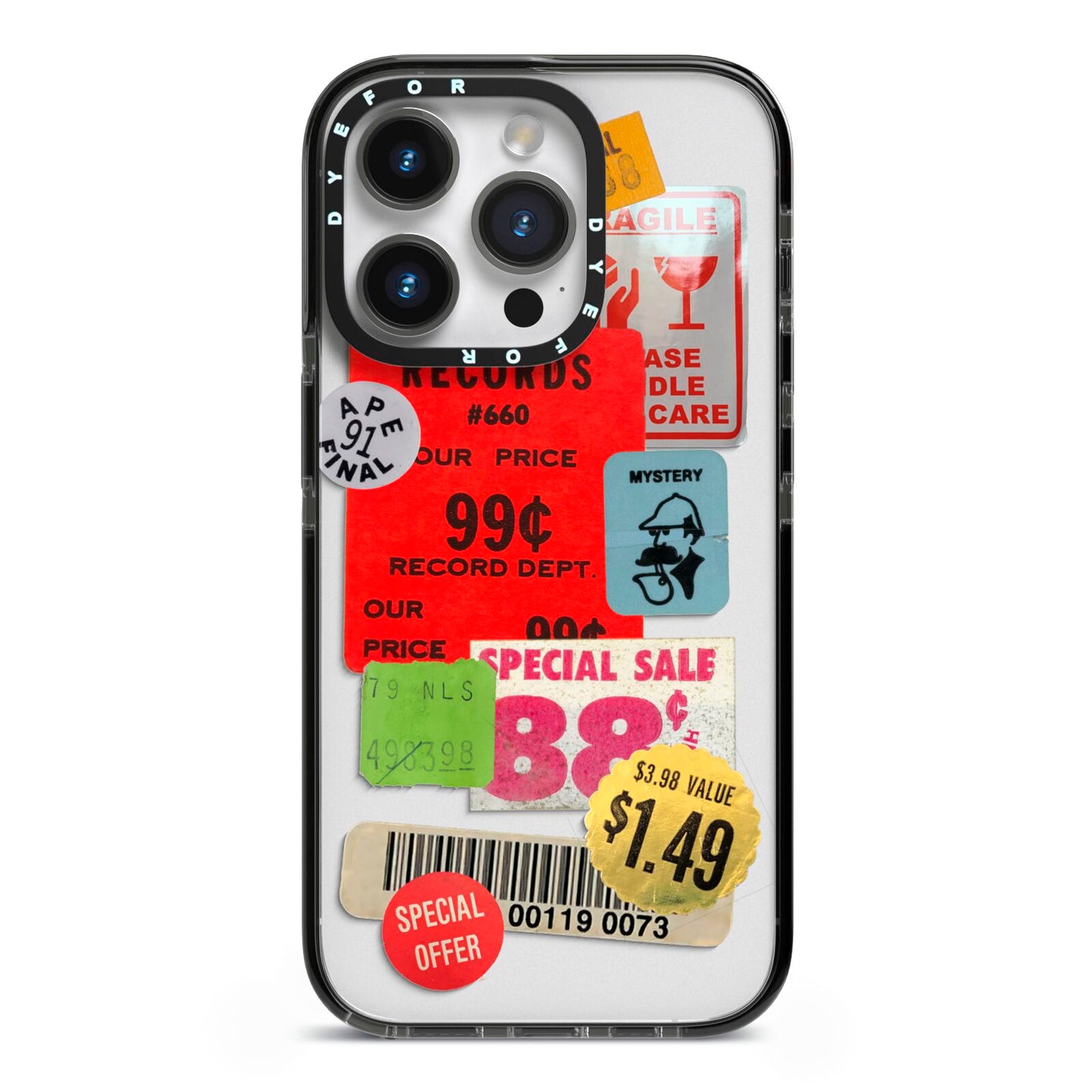 Vintage Stickers iPhone 14 Pro Black Impact Case on Silver phone