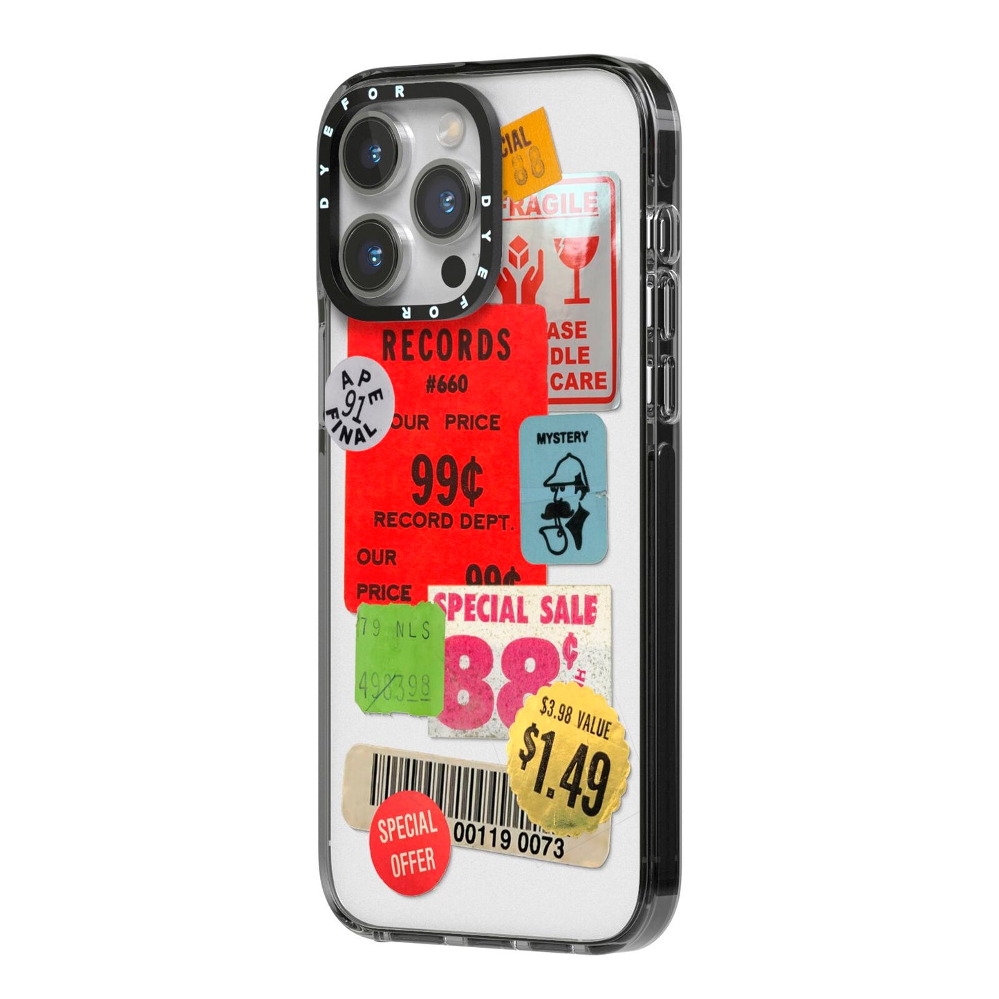 Vintage Stickers iPhone 14 Pro Max Black Impact Case Side Angle on Silver phone