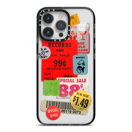 Vintage Stickers iPhone 14 Pro Max Black Impact Case on Silver phone