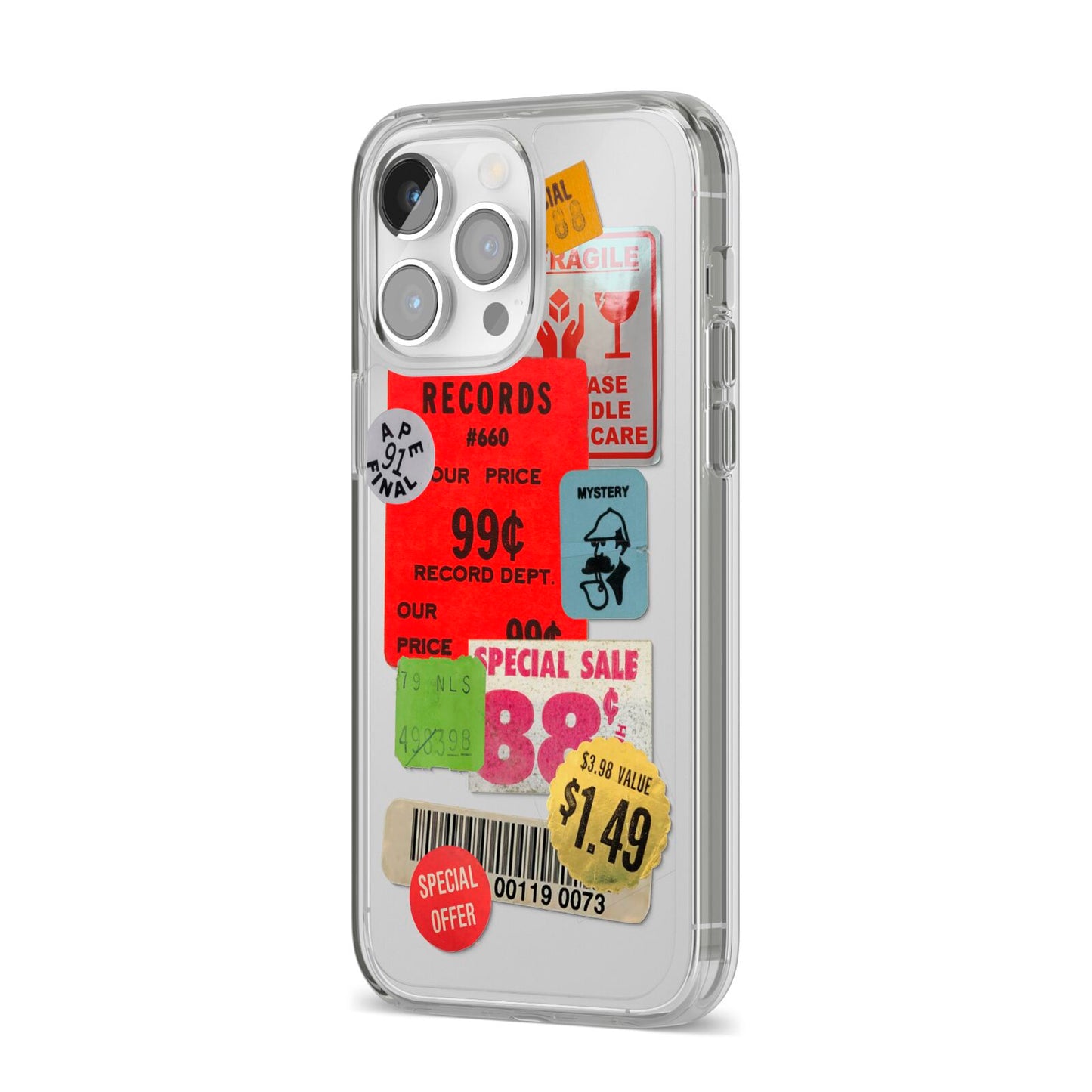 Vintage Stickers iPhone 14 Pro Max Clear Tough Case Silver Angled Image