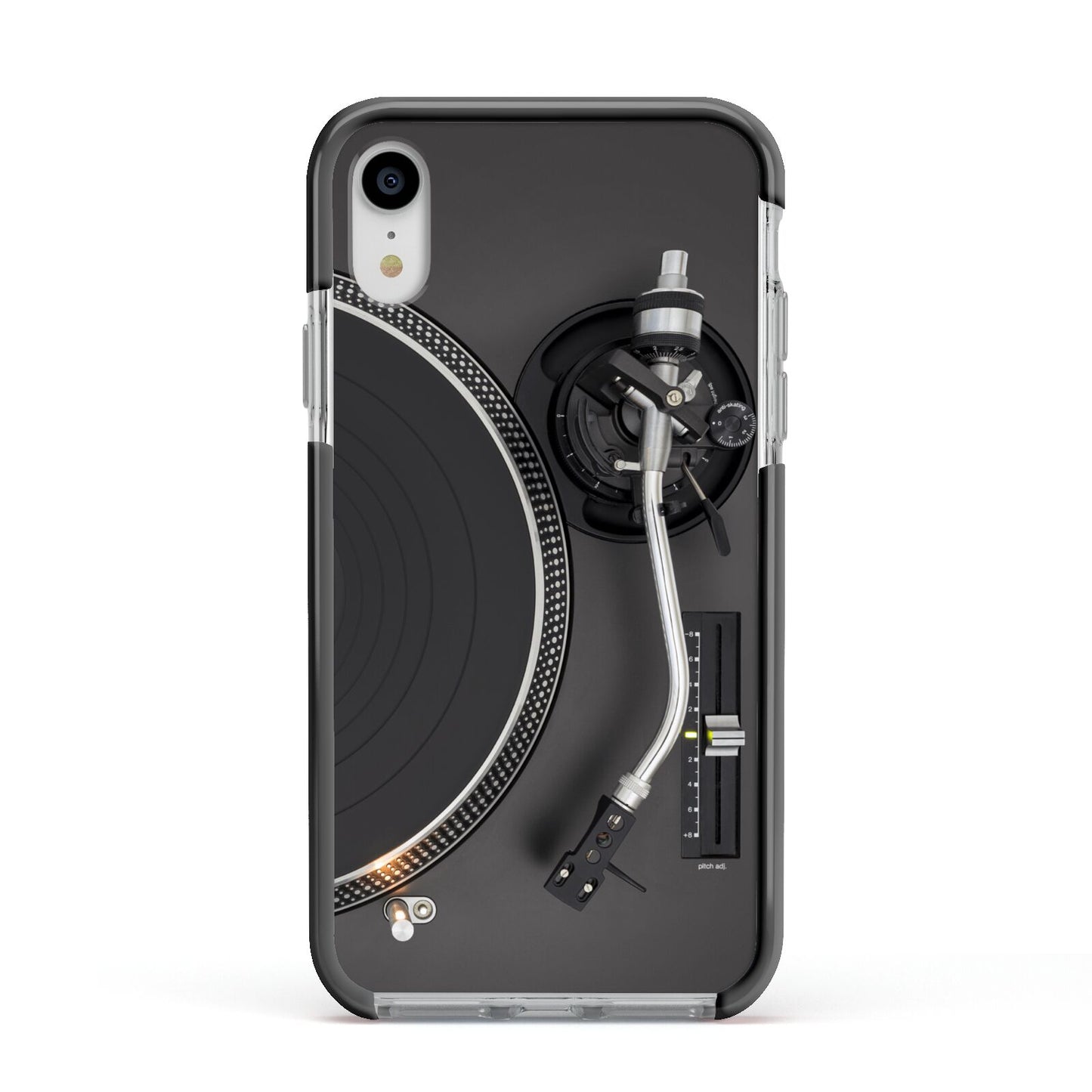 Vinyl Record Player Apple iPhone XR Impact Case Black Edge on Silver Phone