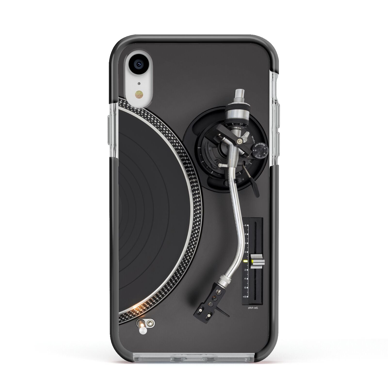 Vinyl Record Player Apple iPhone XR Impact Case Black Edge on Silver Phone