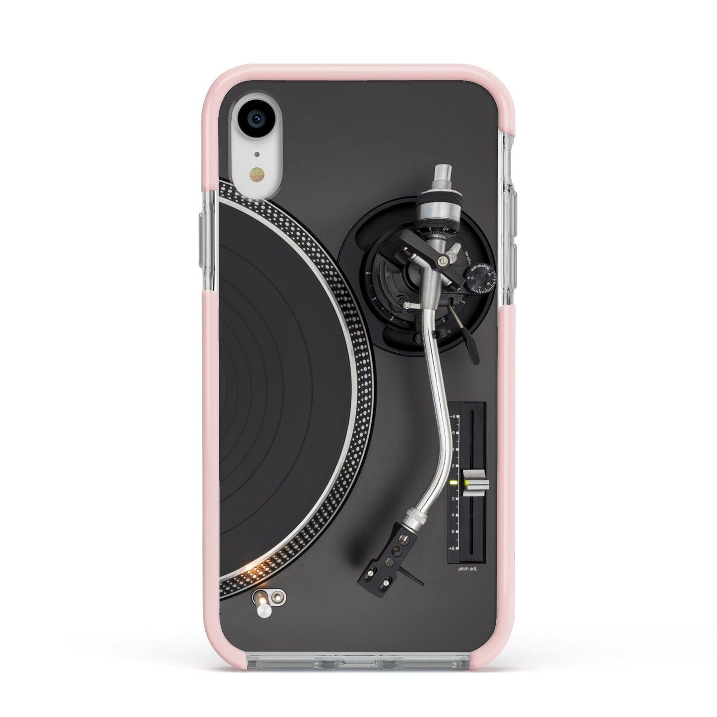 Vinyl Record Player Apple iPhone XR Impact Case Pink Edge on Silver Phone