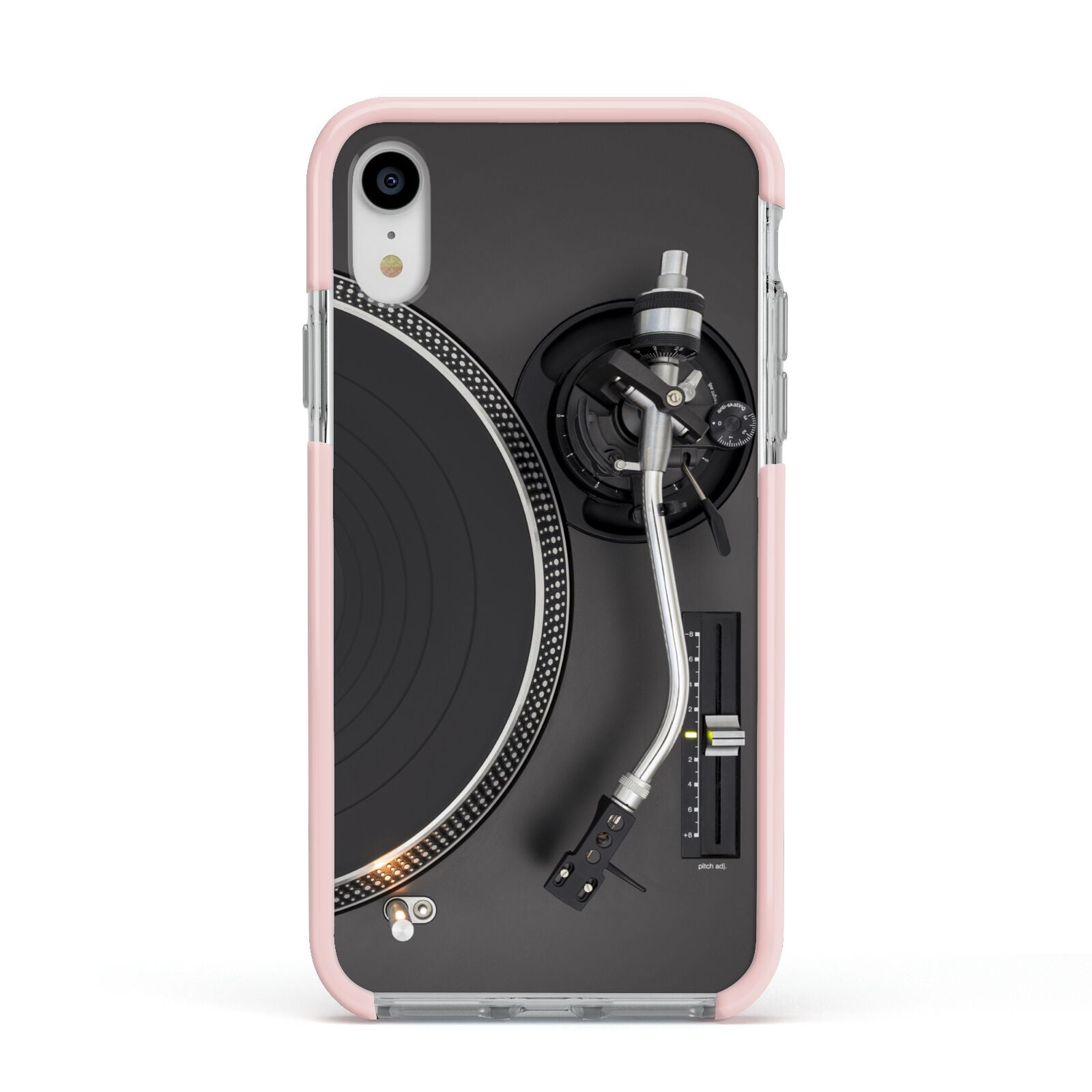 Vinyl Record Player Apple iPhone XR Impact Case Pink Edge on Silver Phone