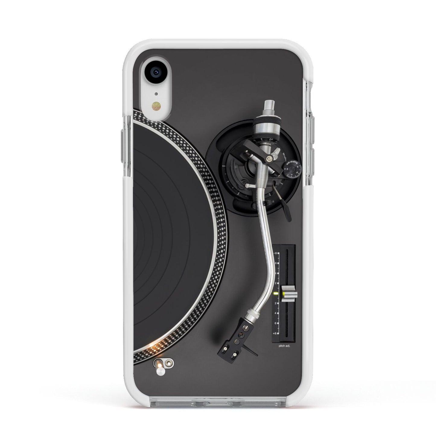 Vinyl Record Player Apple iPhone XR Impact Case White Edge on Silver Phone