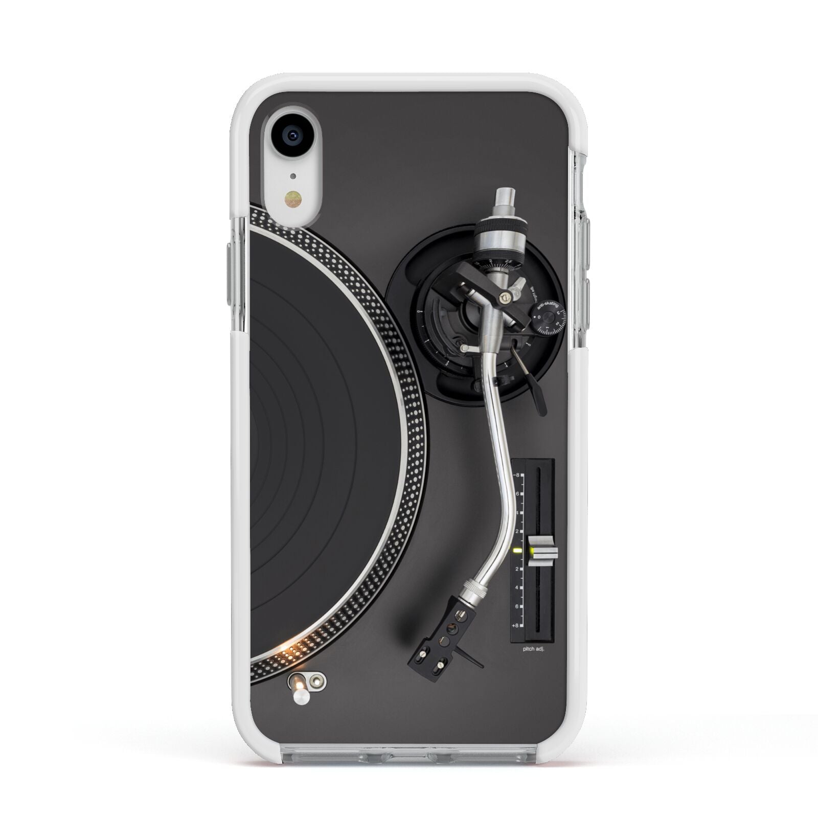 Vinyl Record Player Apple iPhone XR Impact Case White Edge on Silver Phone