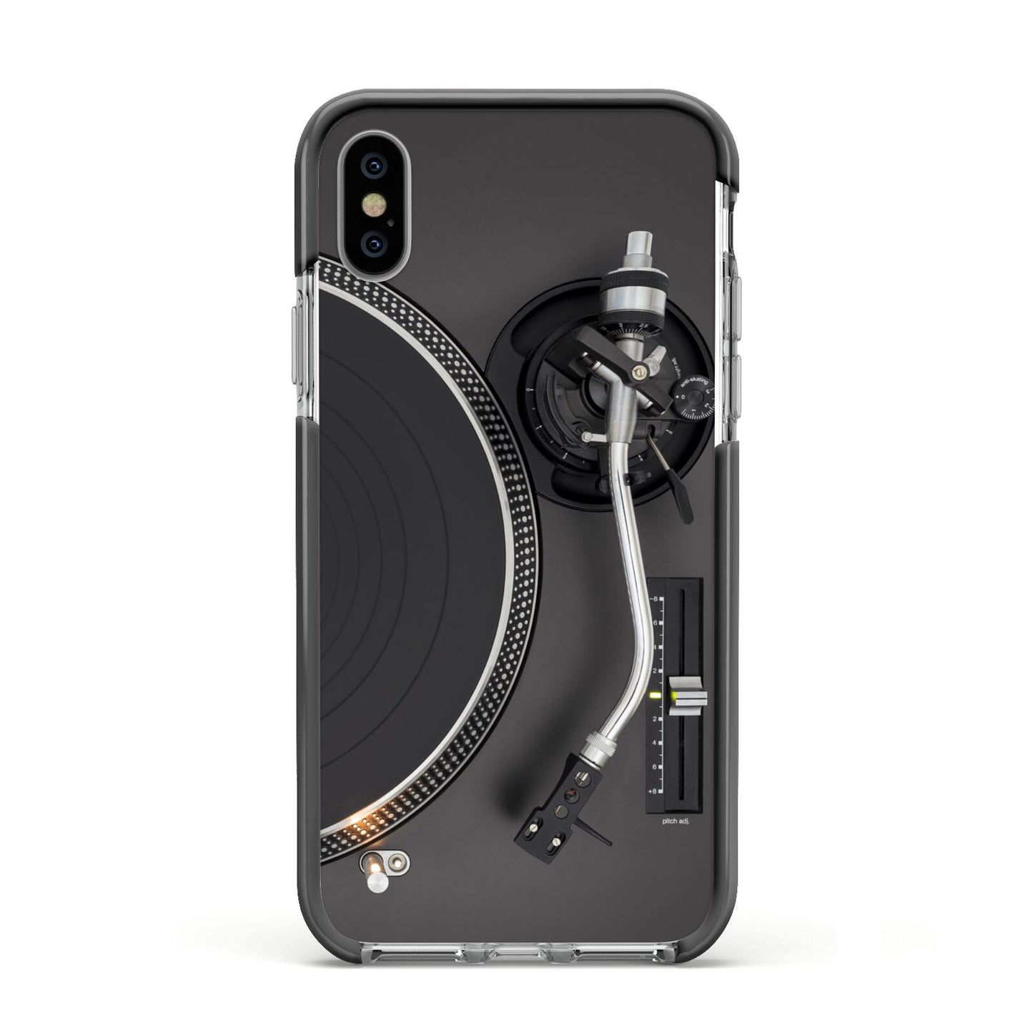 Vinyl Record Player Apple iPhone Xs Impact Case Black Edge on Silver Phone
