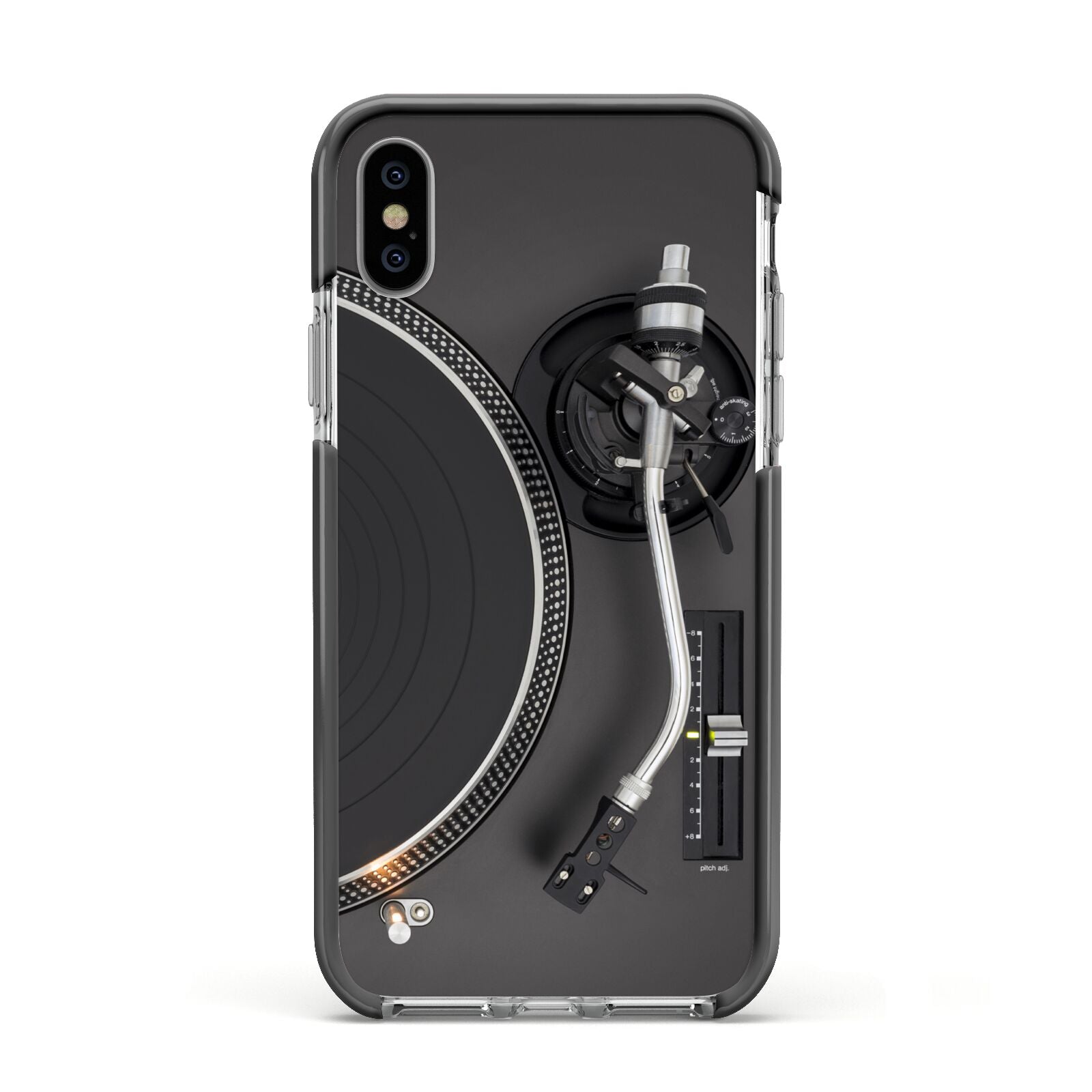Vinyl Record Player Apple iPhone Xs Impact Case Black Edge on Silver Phone