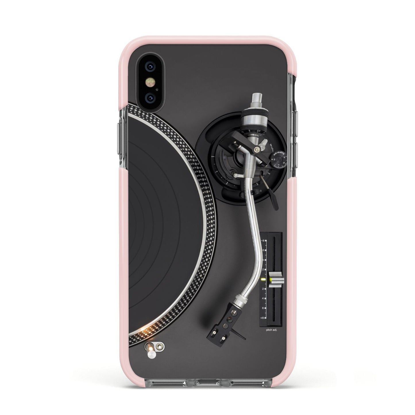 Vinyl Record Player Apple iPhone Xs Impact Case Pink Edge on Black Phone