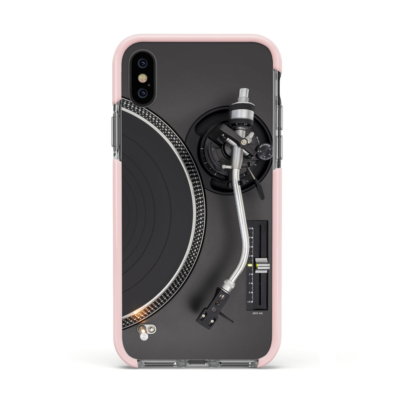 Vinyl Record Player Apple iPhone Xs Impact Case Pink Edge on Black Phone