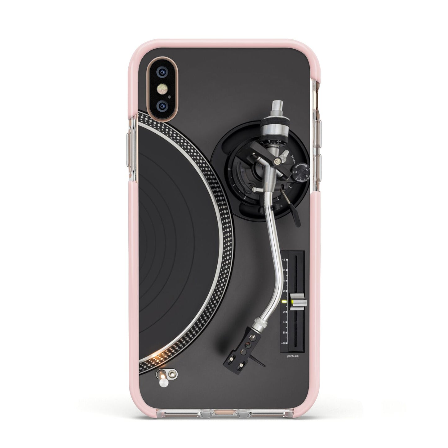 Vinyl Record Player Apple iPhone Xs Impact Case Pink Edge on Gold Phone