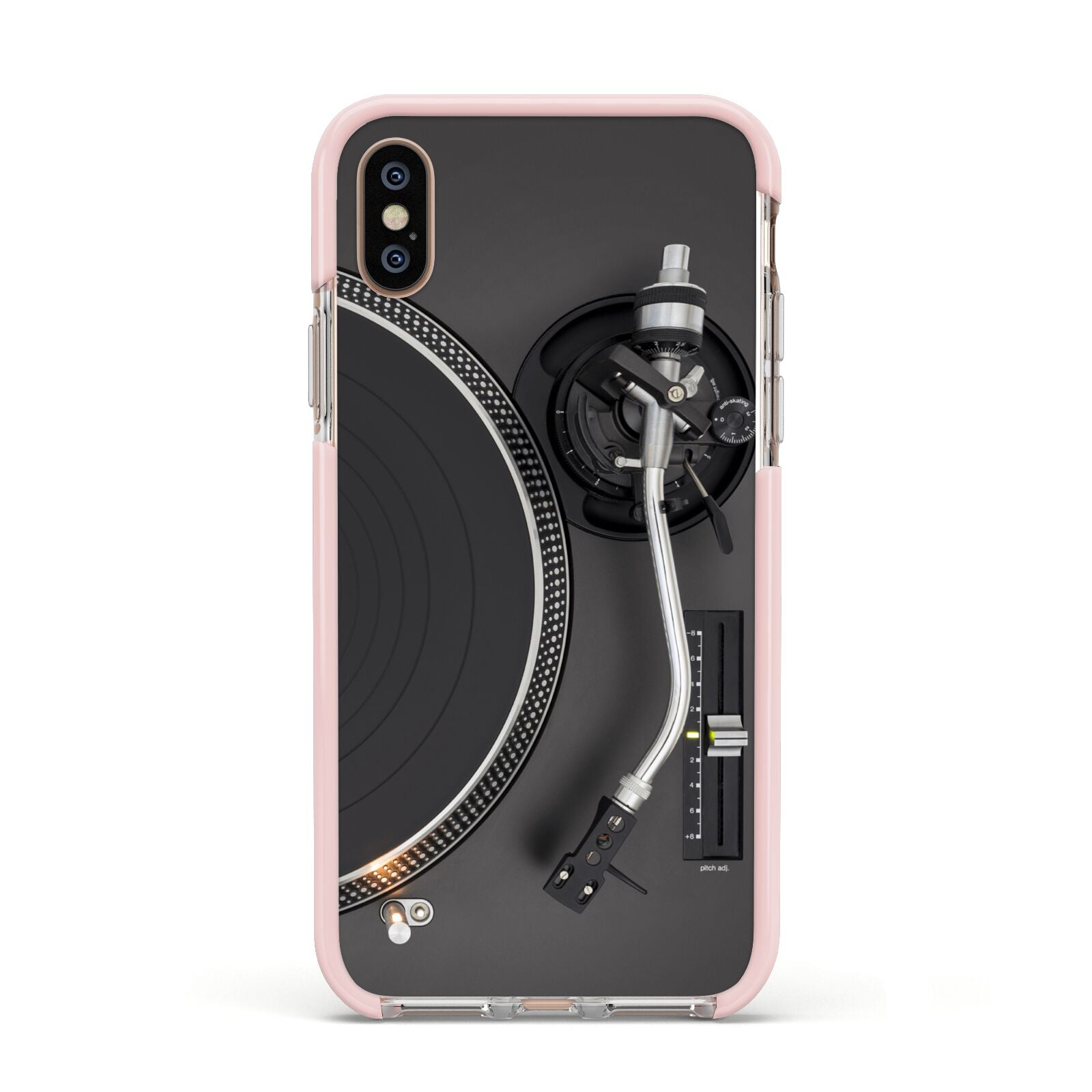 Vinyl Record Player Apple iPhone Xs Impact Case Pink Edge on Gold Phone