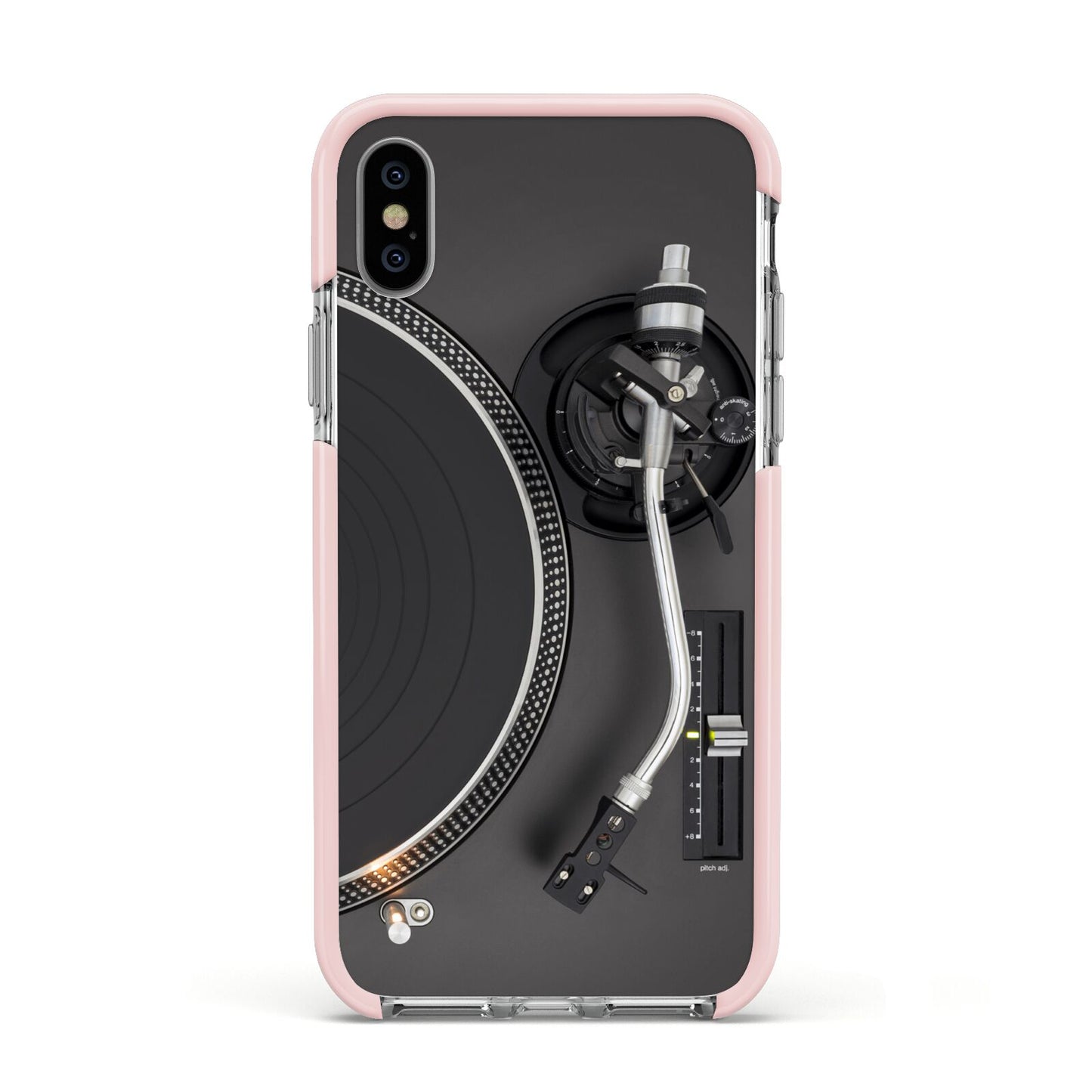 Vinyl Record Player Apple iPhone Xs Impact Case Pink Edge on Silver Phone