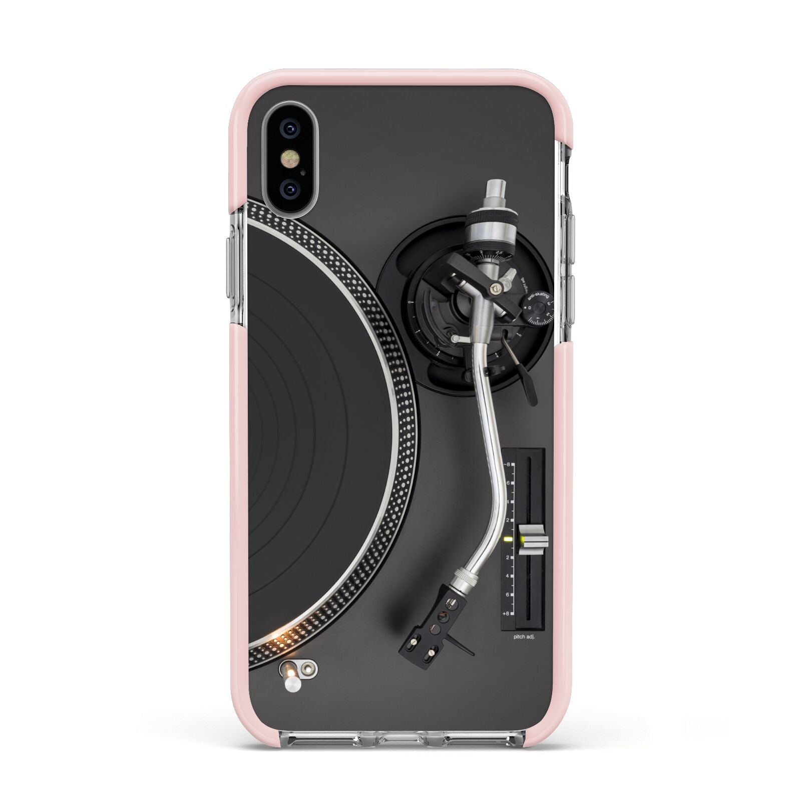 Vinyl Record Player Apple iPhone Xs Impact Case Pink Edge on Silver Phone