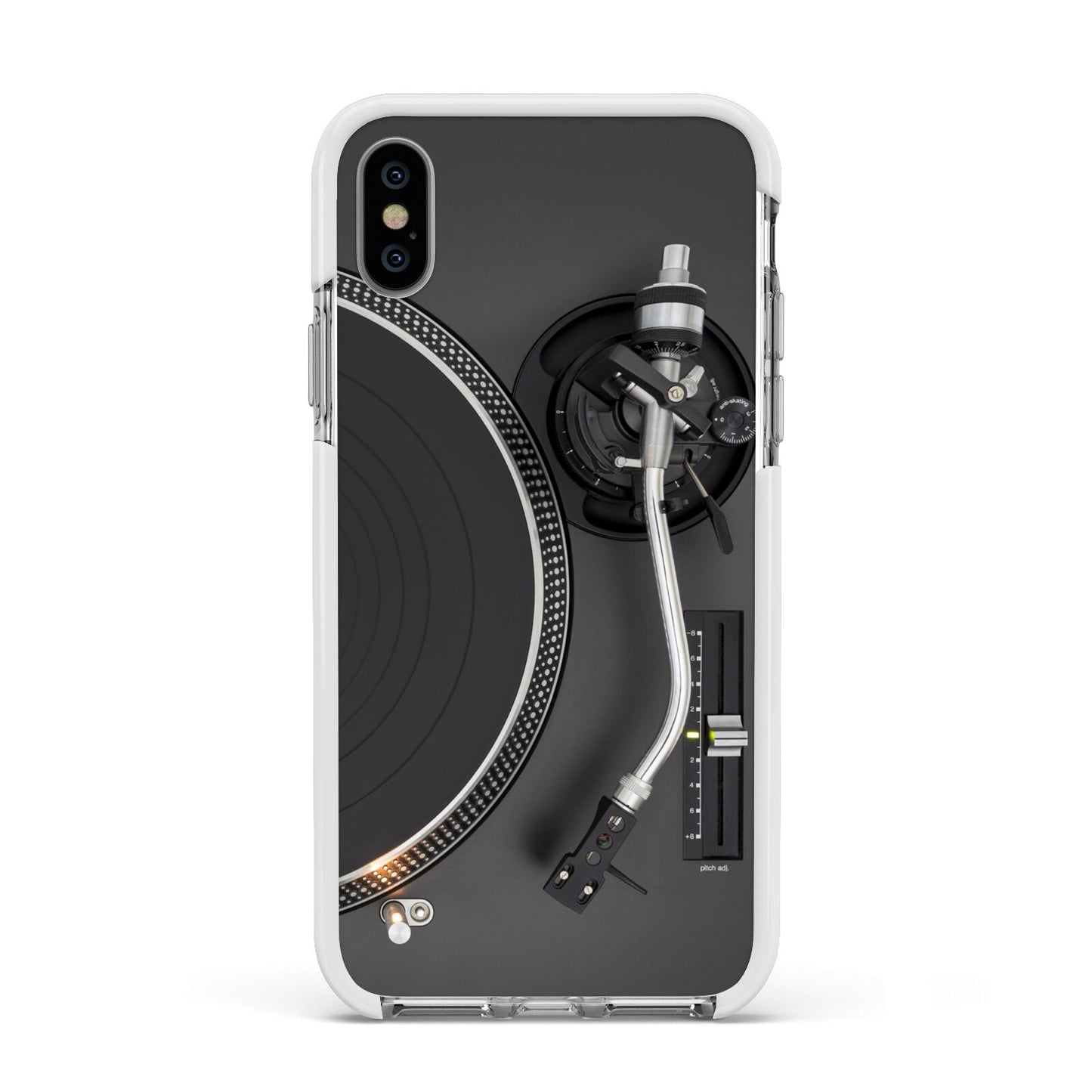 Vinyl Record Player Apple iPhone Xs Impact Case White Edge on Silver Phone