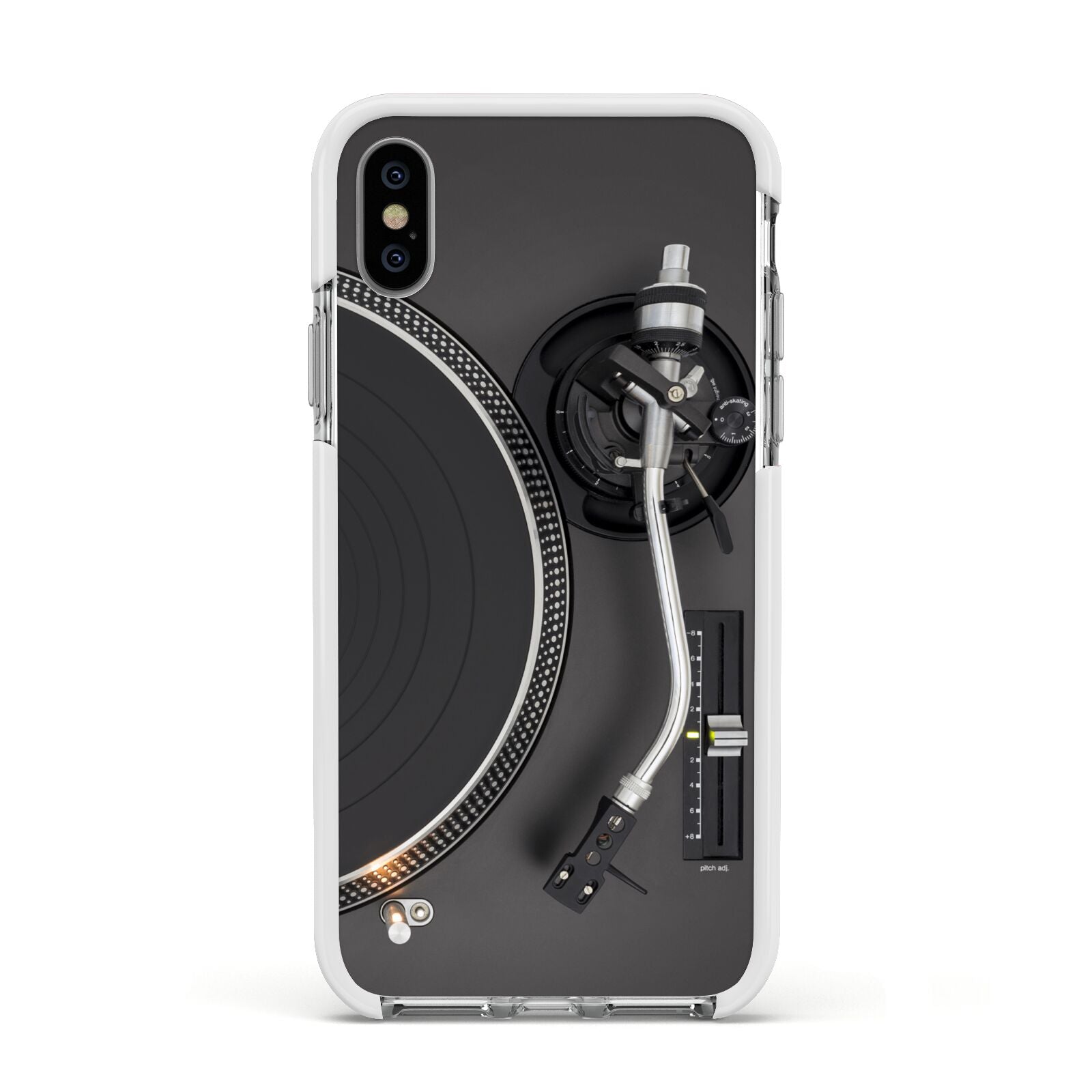 Vinyl Record Player Apple iPhone Xs Impact Case White Edge on Silver Phone