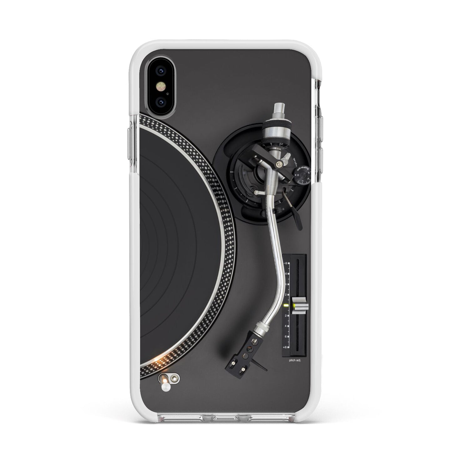 Vinyl Record Player Apple iPhone Xs Max Impact Case White Edge on Silver Phone