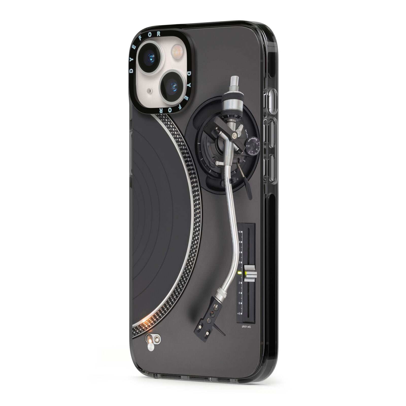 Vinyl Record Player iPhone 13 Black Impact Case Side Angle on Silver phone