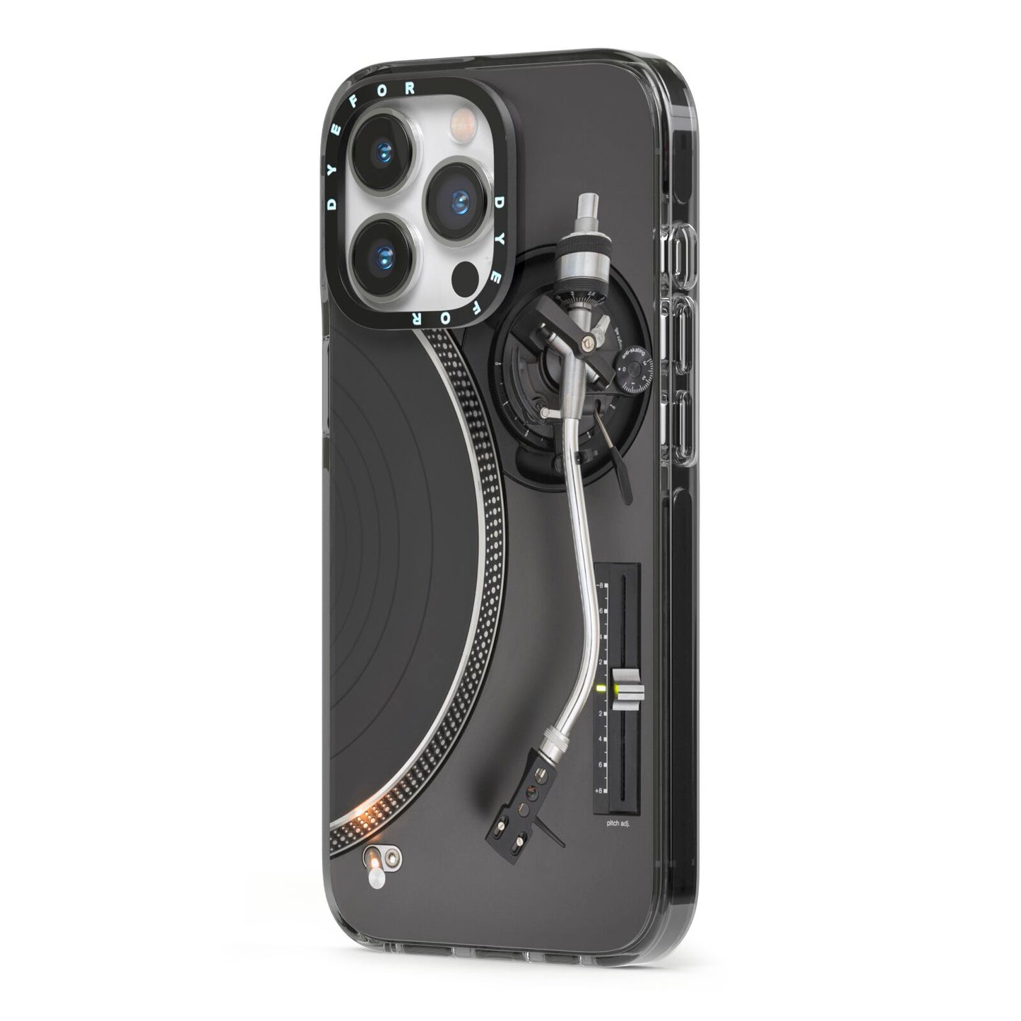 Vinyl Record Player iPhone 13 Pro Black Impact Case Side Angle on Silver phone