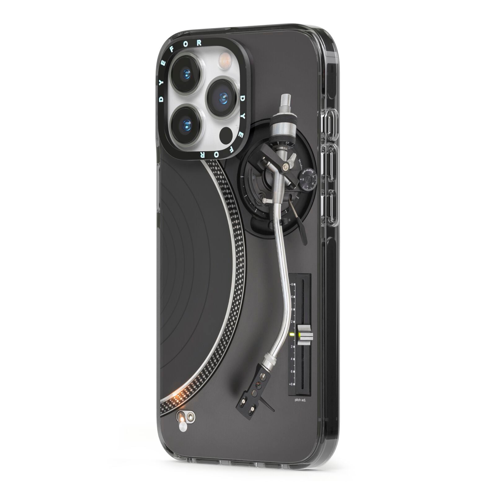 Vinyl Record Player iPhone 13 Pro Black Impact Case Side Angle on Silver phone