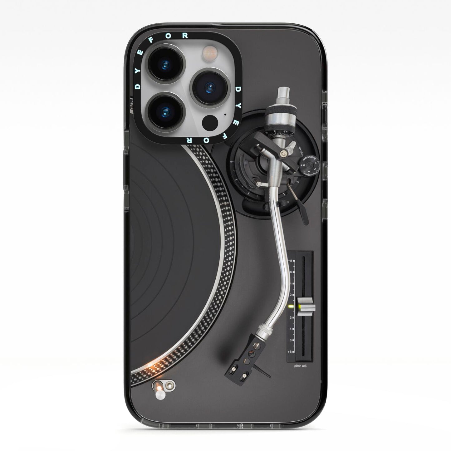 Vinyl Record Player iPhone 13 Pro Black Impact Case on Silver phone