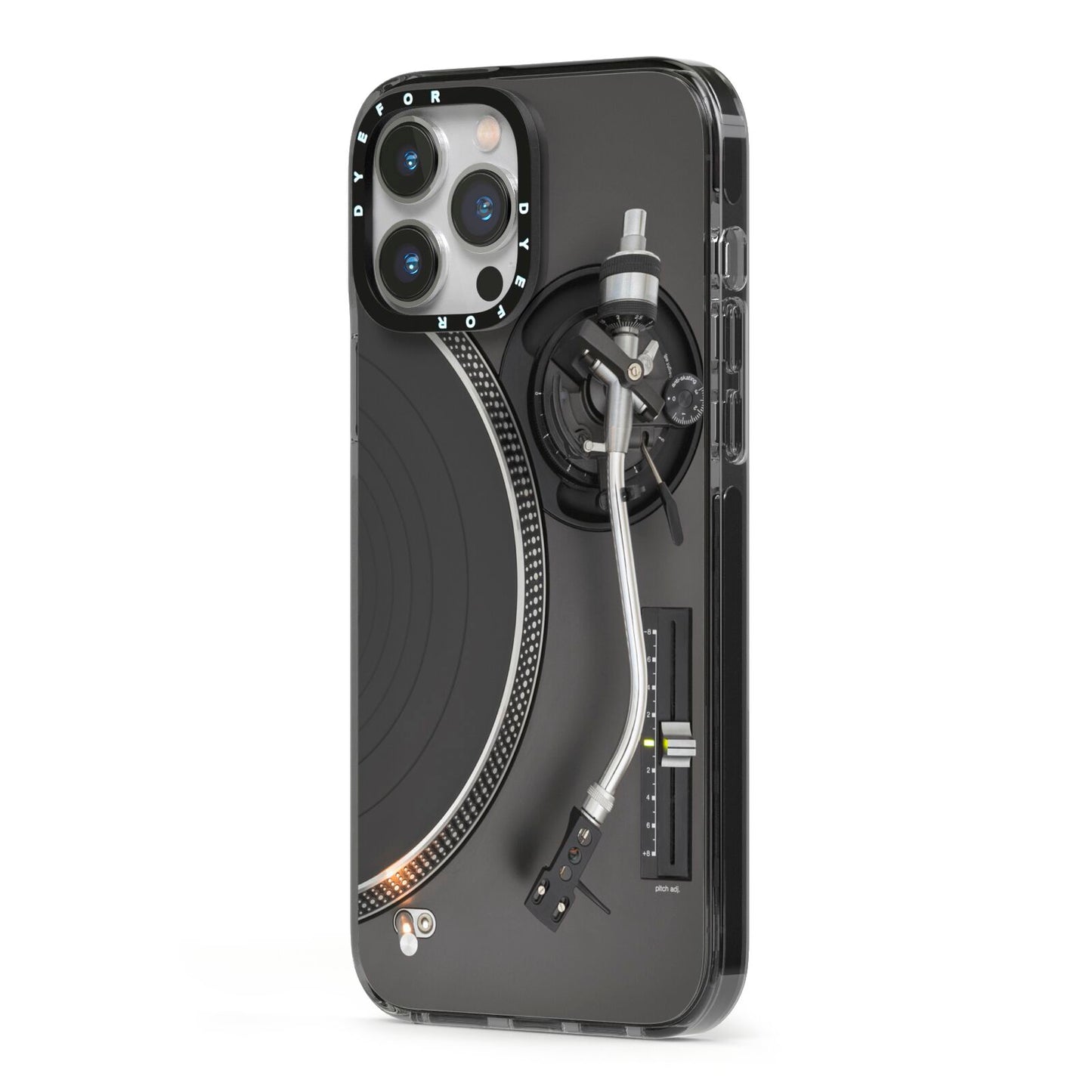 Vinyl Record Player iPhone 13 Pro Max Black Impact Case Side Angle on Silver phone