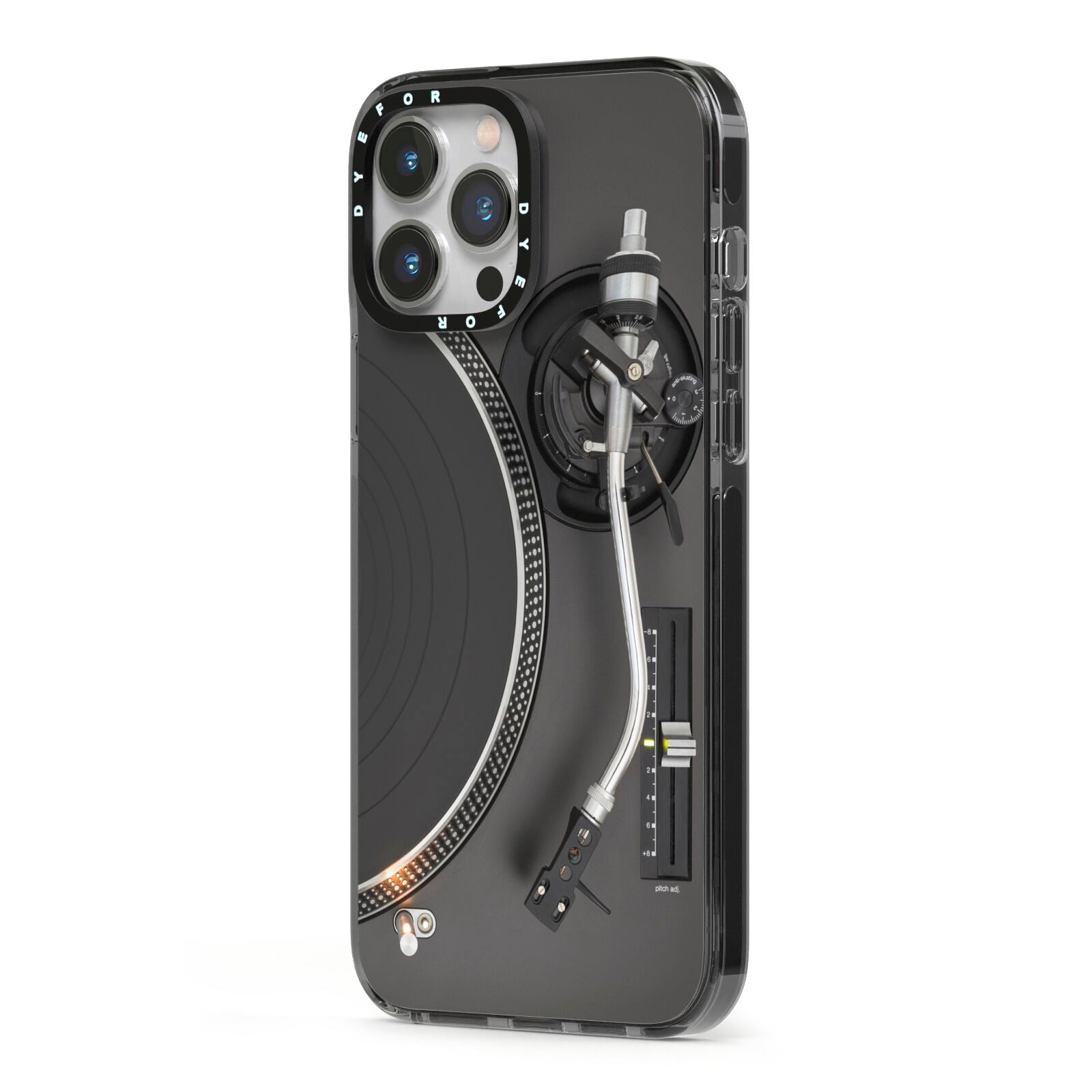 Vinyl Record Player iPhone 13 Pro Max Black Impact Case Side Angle on Silver phone