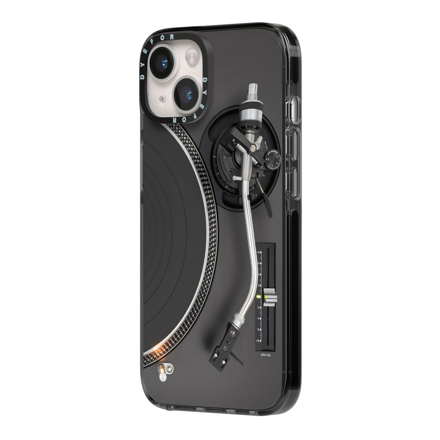 Vinyl Record Player iPhone 14 Black Impact Case Side Angle on Silver phone