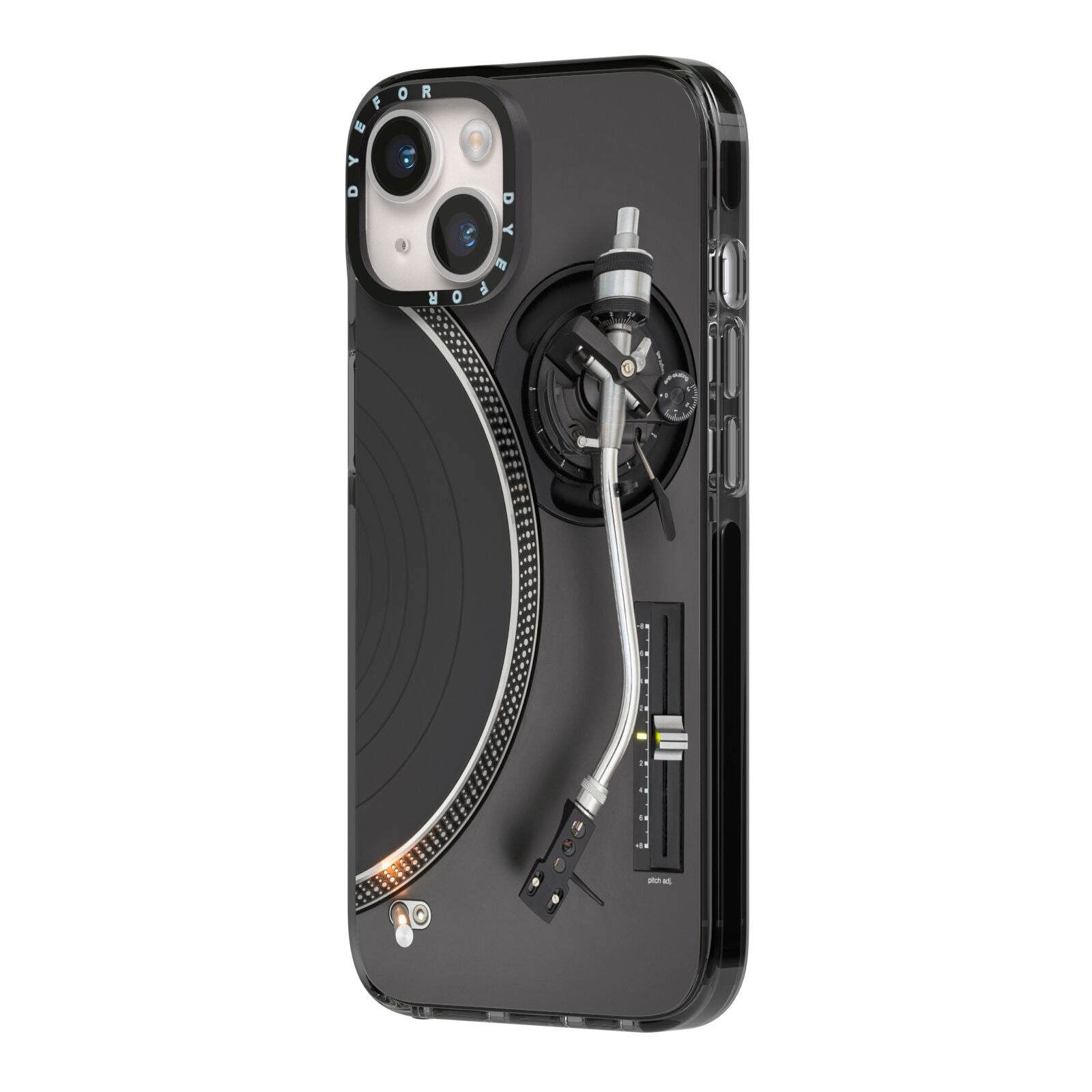 Vinyl Record Player iPhone 14 Black Impact Case Side Angle on Silver phone