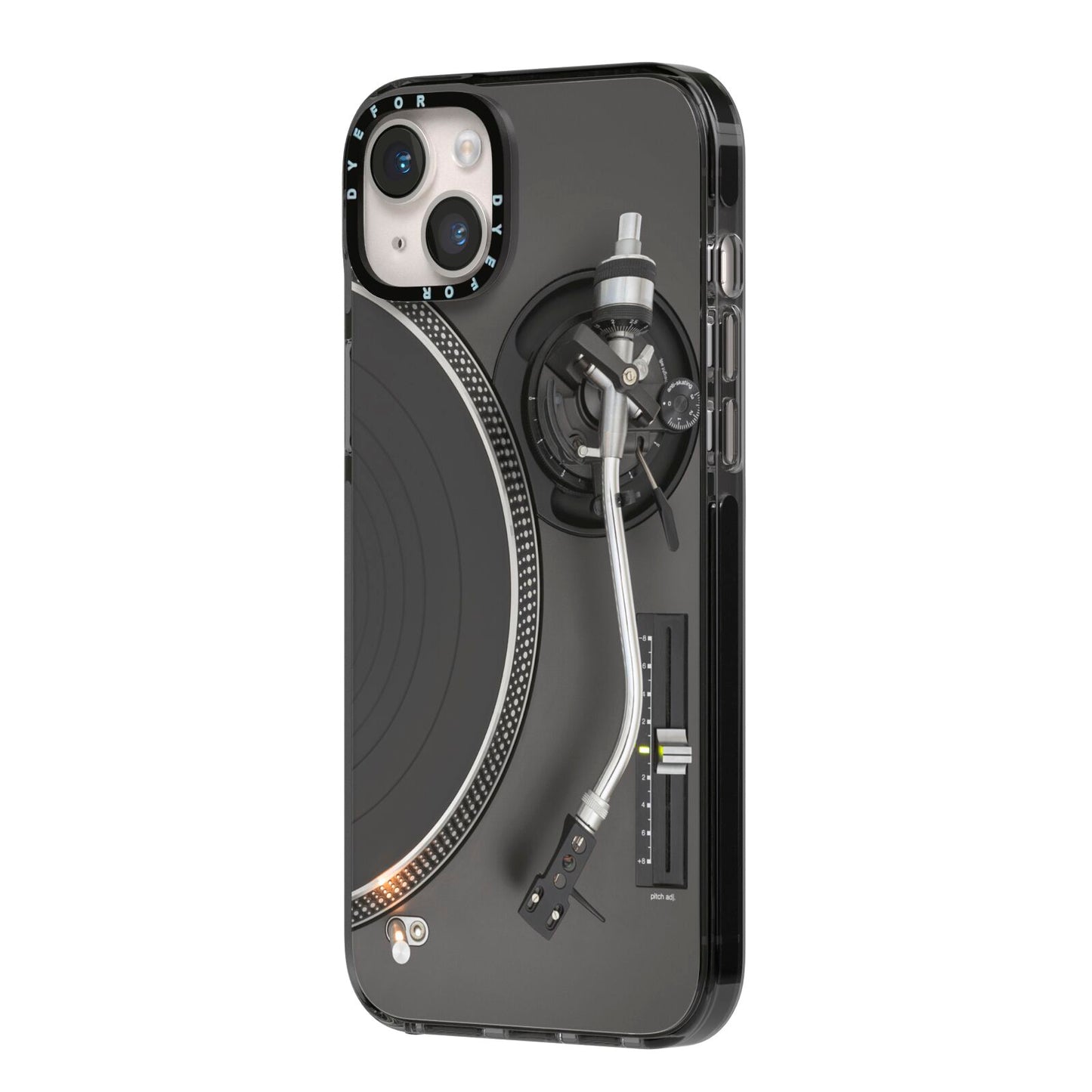 Vinyl Record Player iPhone 14 Plus Black Impact Case Side Angle on Silver phone