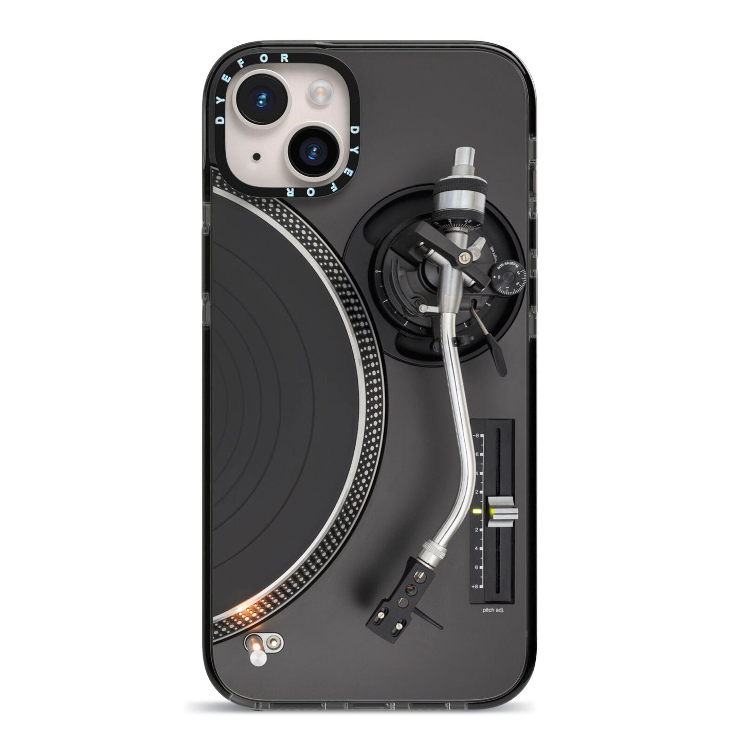 Vinyl Record Player iPhone 14 Plus Black Impact Case on Silver phone