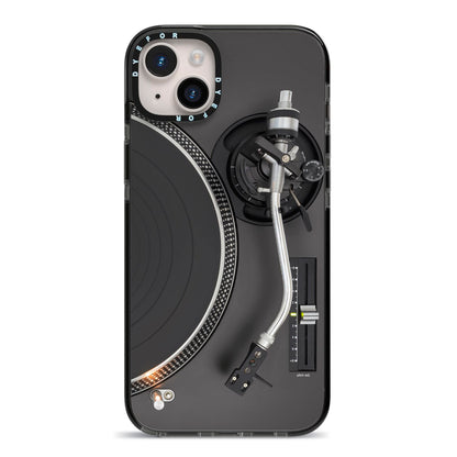 Vinyl Record Player iPhone 14 Plus Black Impact Case on Silver phone