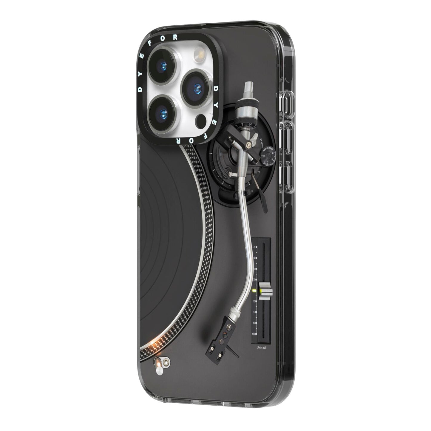 Vinyl Record Player iPhone 14 Pro Black Impact Case Side Angle on Silver phone