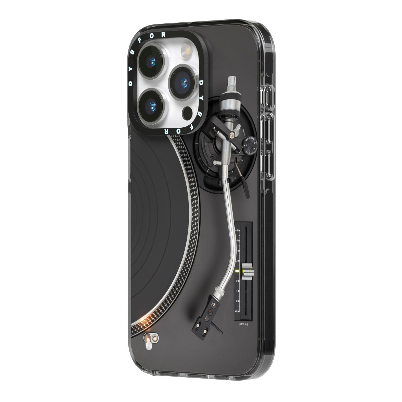 Vinyl Record Player iPhone 14 Pro Black Impact Case Side Angle on Silver phone