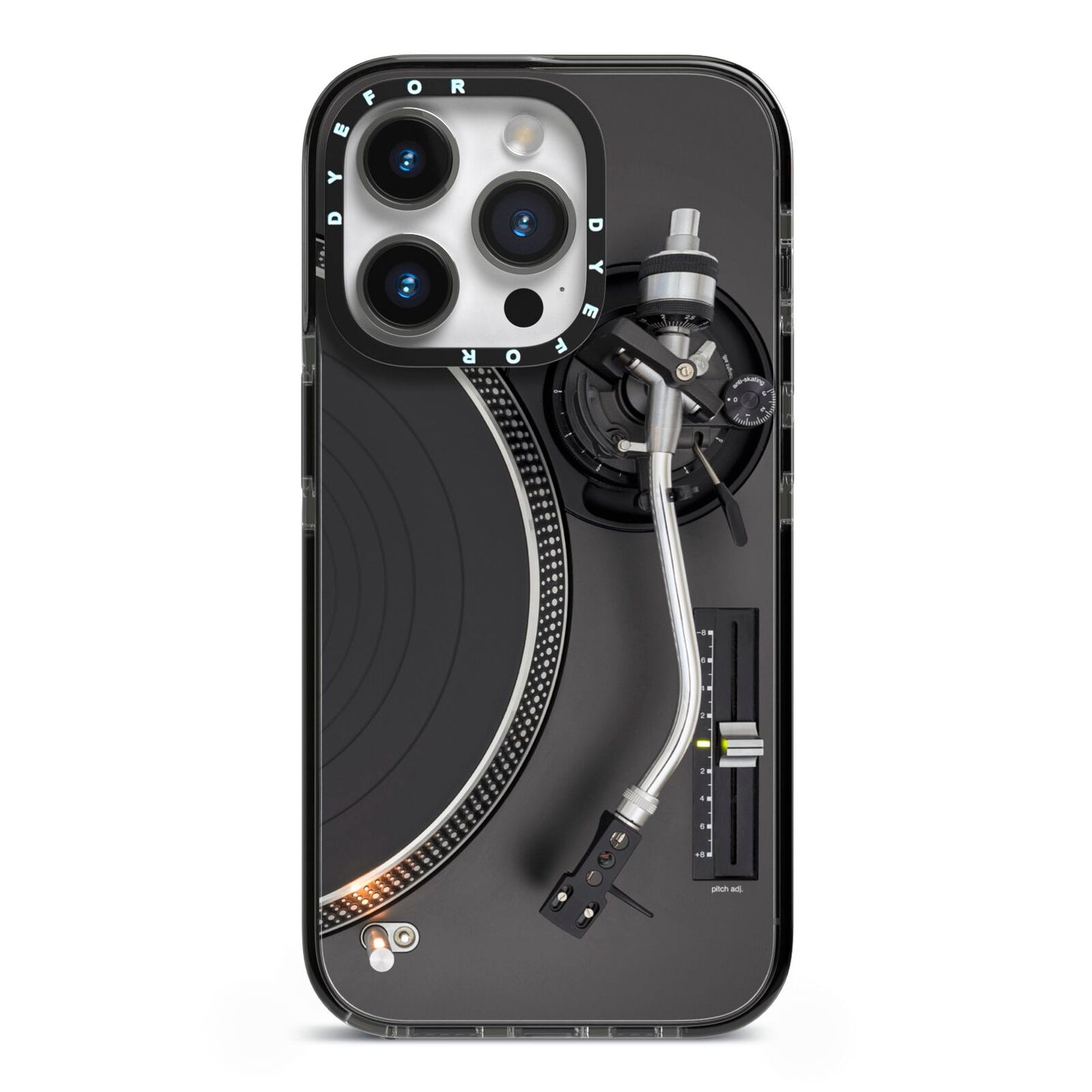 Vinyl Record Player iPhone 14 Pro Black Impact Case on Silver phone