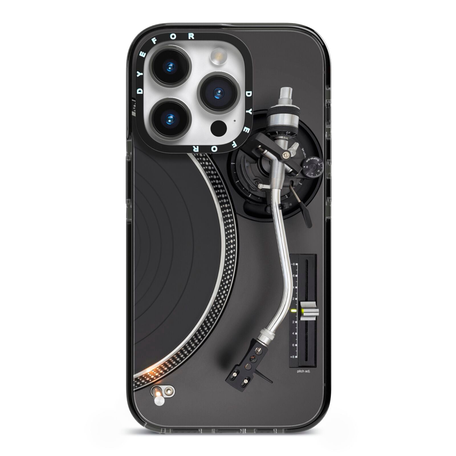 Vinyl Record Player iPhone 14 Pro Black Impact Case on Silver phone