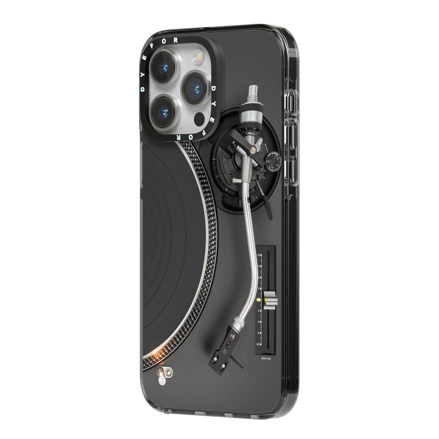 Vinyl Record Player iPhone 14 Pro Max Black Impact Case Side Angle on Silver phone