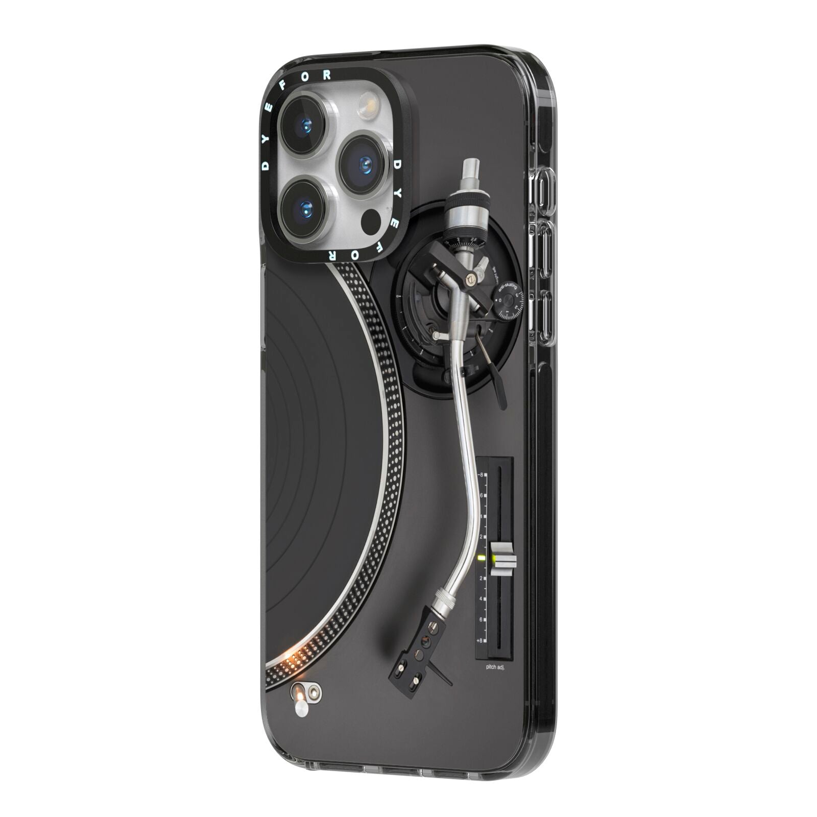 Vinyl Record Player iPhone 14 Pro Max Black Impact Case Side Angle on Silver phone