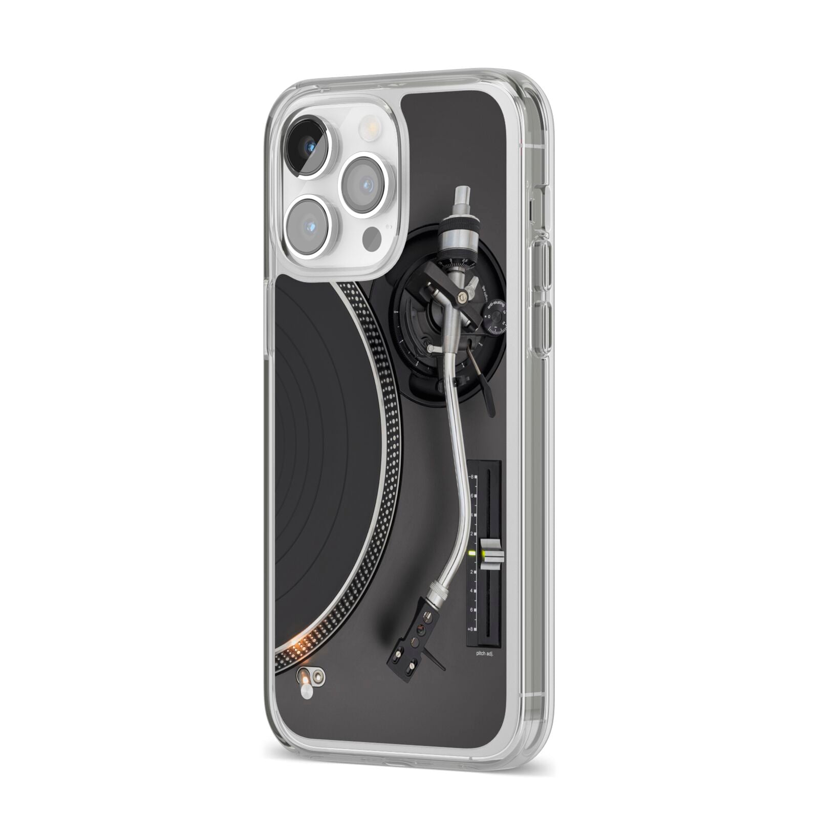 Vinyl Record Player iPhone 14 Pro Max Clear Tough Case Silver Angled Image