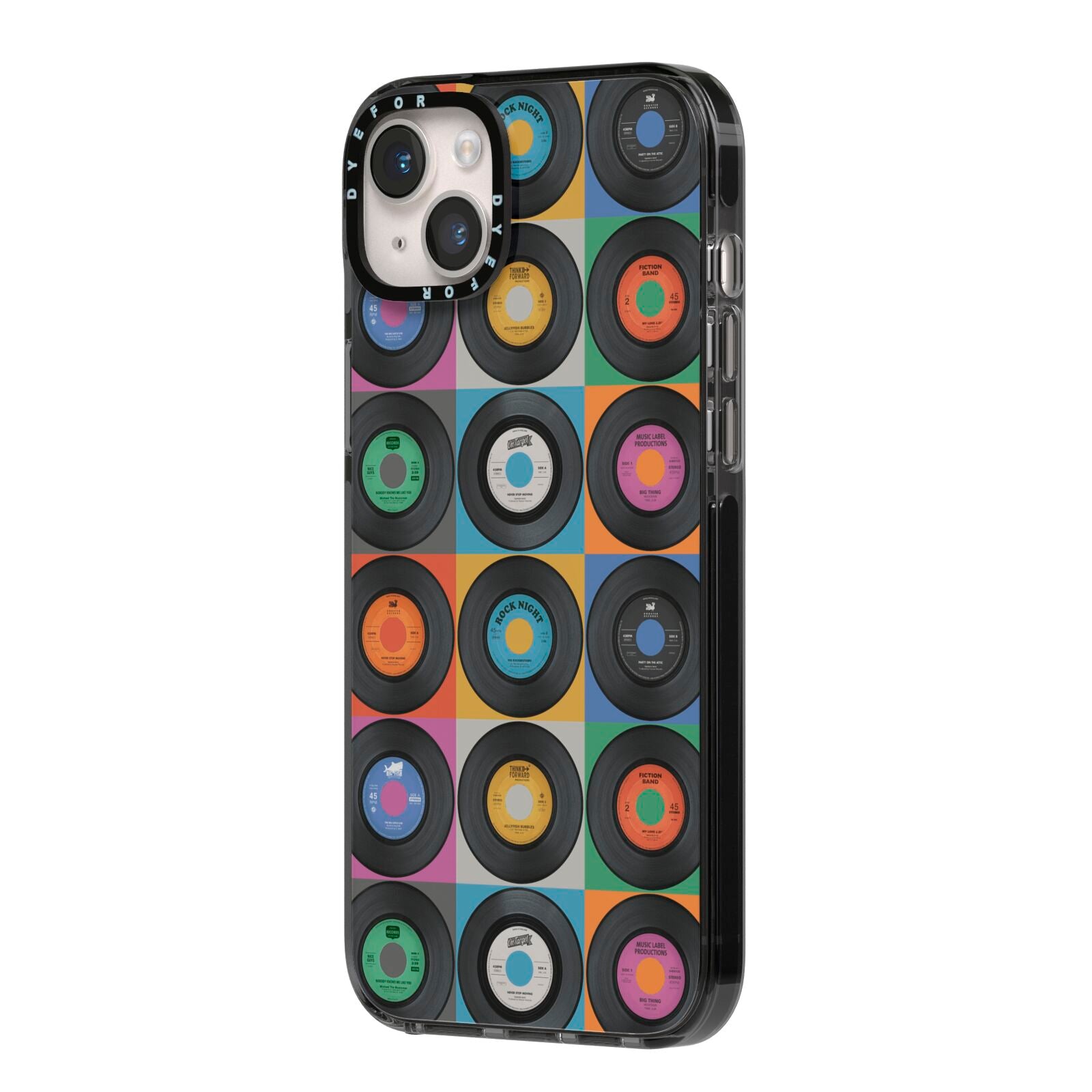 Vinyl Record iPhone 14 Plus Black Impact Case Side Angle on Silver phone