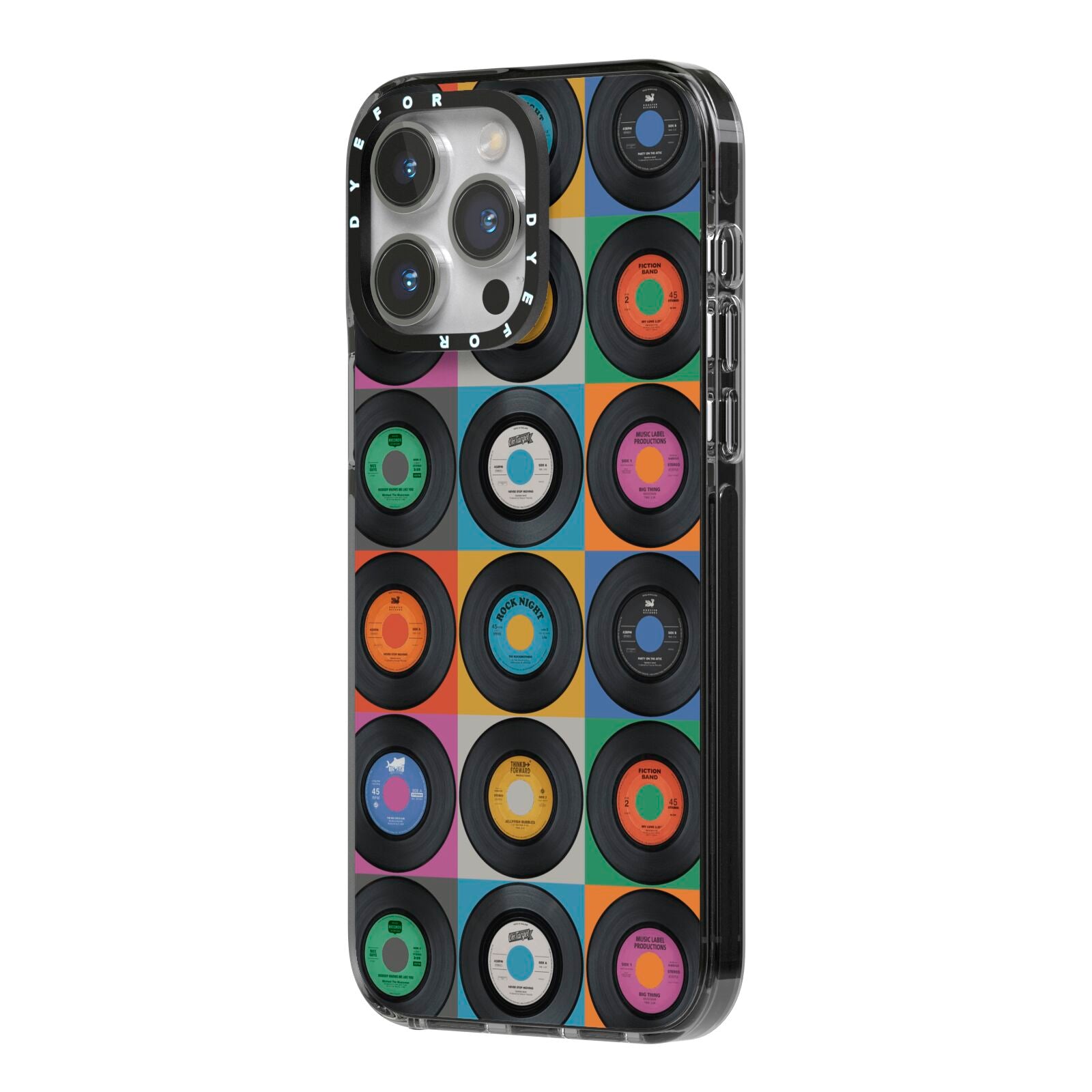 Vinyl Record iPhone 14 Pro Max Black Impact Case Side Angle on Silver phone
