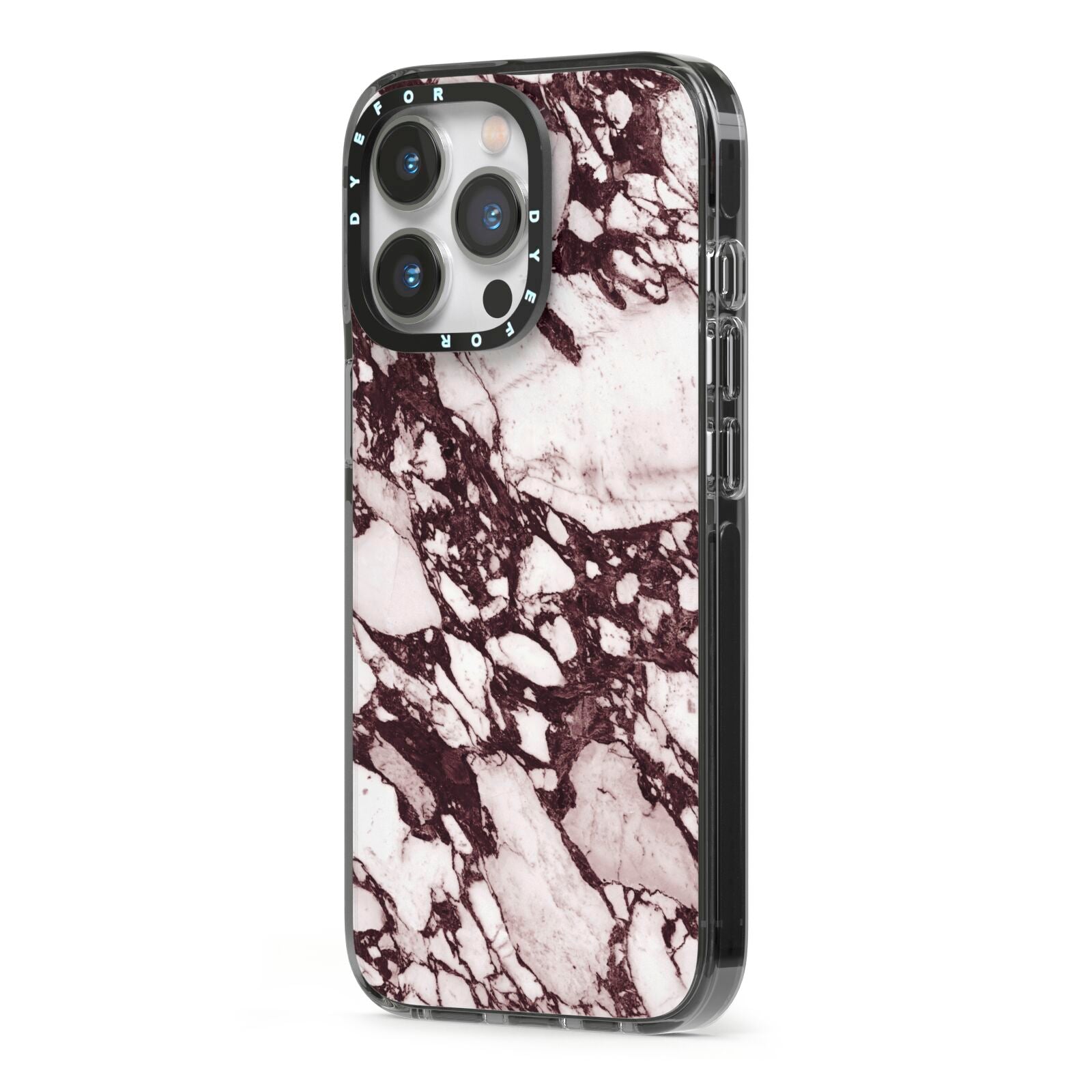 Viola Marble iPhone 13 Pro Black Impact Case Side Angle on Silver phone