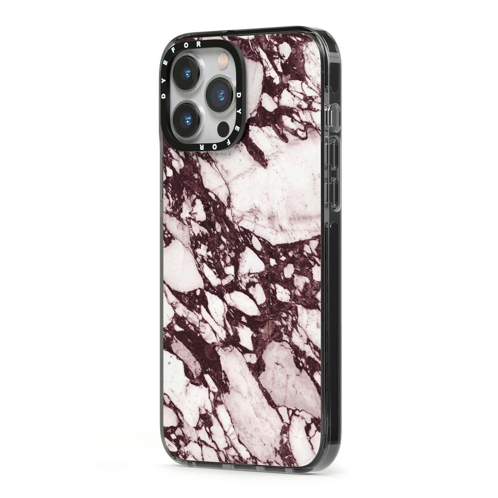 Viola Marble iPhone 13 Pro Max Black Impact Case Side Angle on Silver phone