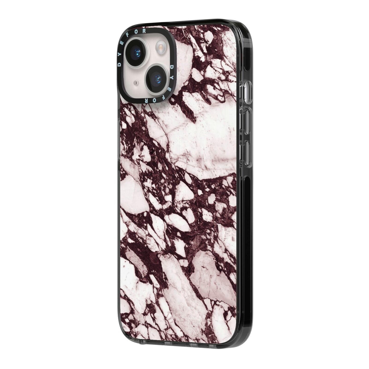 Viola Marble iPhone 14 Black Impact Case Side Angle on Silver phone